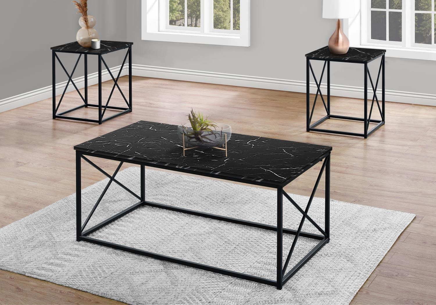 Monarch Specialties Table Set 3Pcs Set Coffee End Side Accent Living Room Metal Laminate Black Marble Look Contemporary Modern