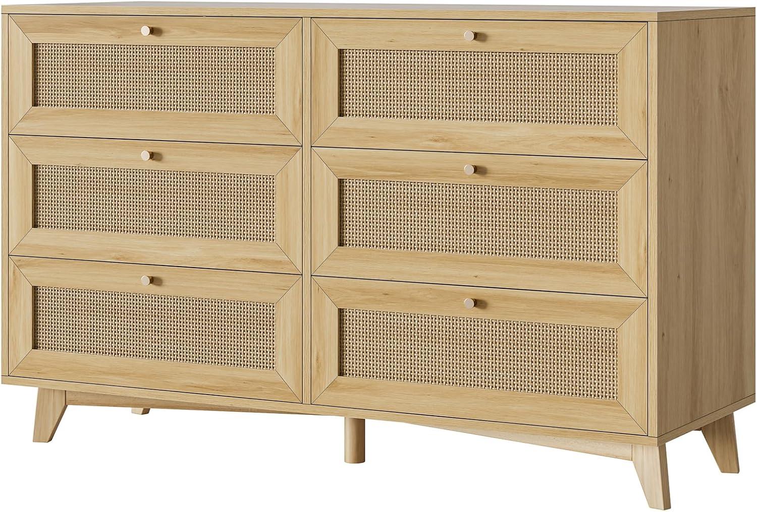 Natural Rattan and Wood Double Dresser with Six Drawers