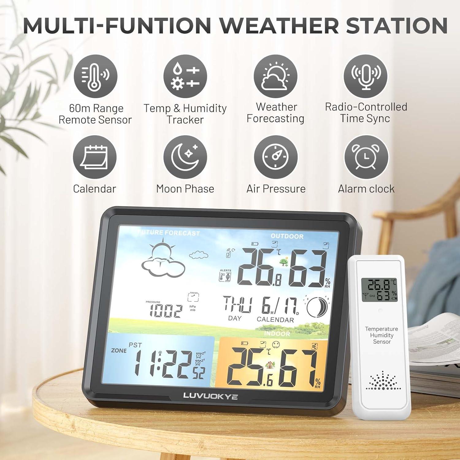 Weather Station Wireless Indoor Outdoor Thermometer, Color Display Digital Thermometer Humidity Monitor with Atomic Clock, Forecast Station with Calendar and Adjustable Backlight for Home