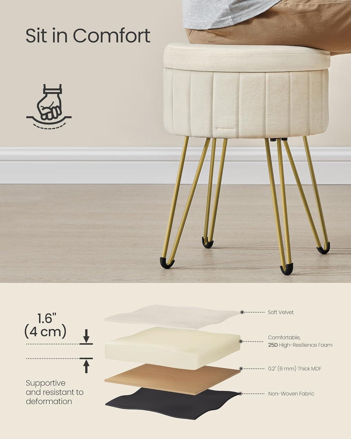 SONGMICS Vanity Stool Chair, Small Ottoman with Storage, Velvet Makeup Stool, 15.4 Dia. x 17.4 H Inches, 4 Metal Legs, for Makeup Room, Living Room, Bedroom, Cream White ULOM003W01