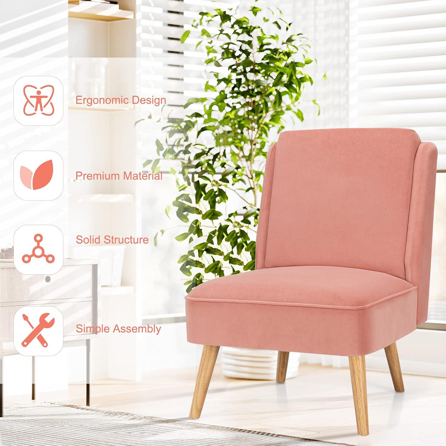 Kepooman Accent Chair, Modern Sofa Chair, Small Armless Wingback Club Chairs,Velvet Accent Armless Side Chair with Rubber Wood Legs for Bedroom-Pink