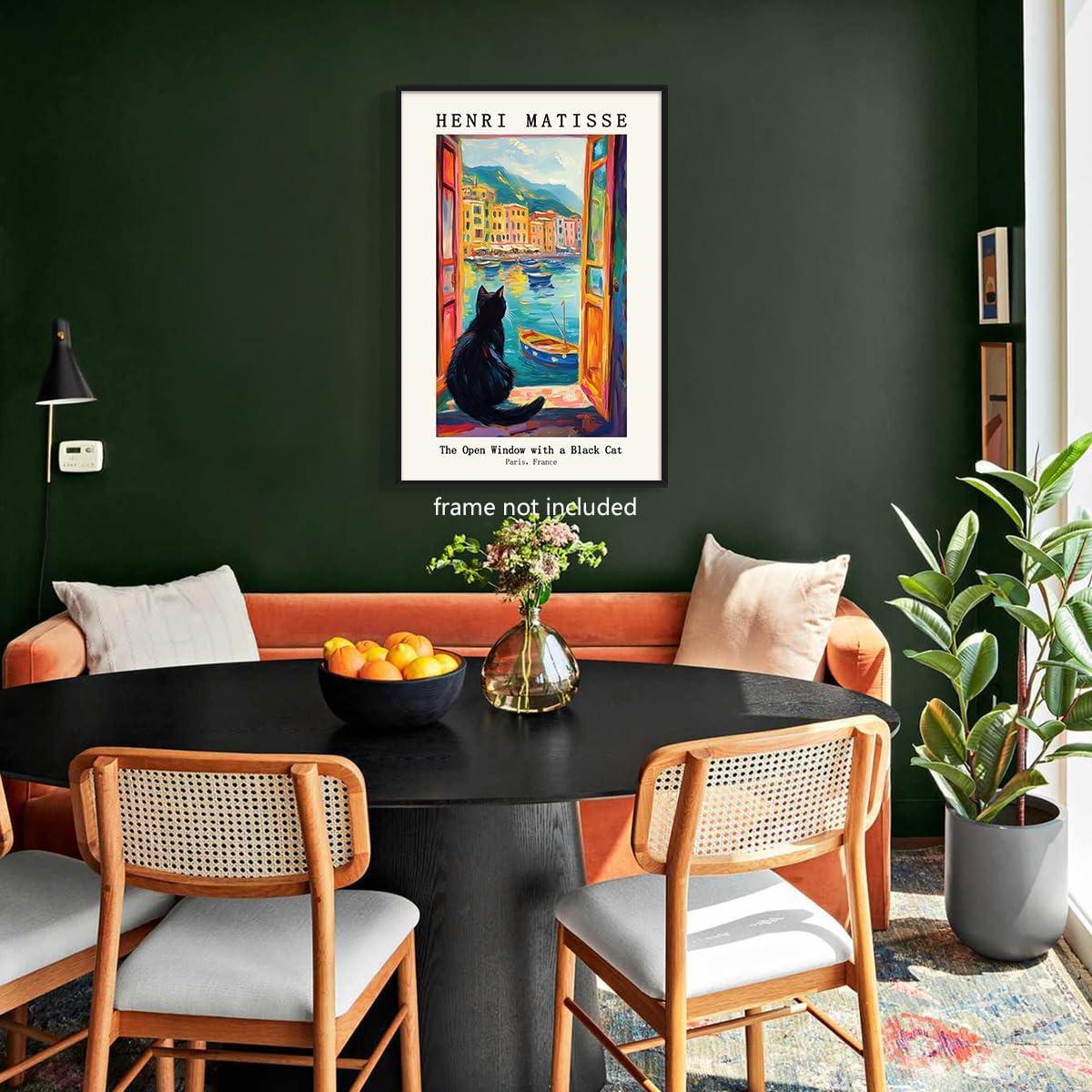 Henri Matisse Oil Paintings on Canvas Wall Art Matisse Famous Open Window Black Cat Poster Funny Cat Floral Print Colorful Farmhouse Gallery Aesthetic Room Decor for Bedroom Bathroom 12x16in Unframed