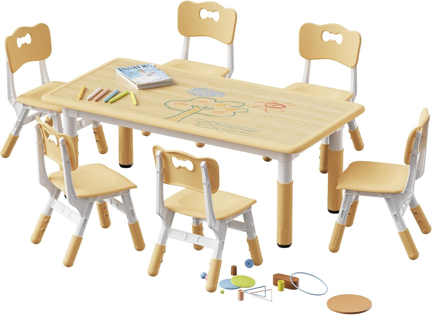 Kids Study Table and 6 Chairs Set, Height Adjustable Graffiti Table, Preschool Activity Art Craft Table for 6, Multifunctional Toddler Table, Reading, Drawing, Eating Interaction (Gray)