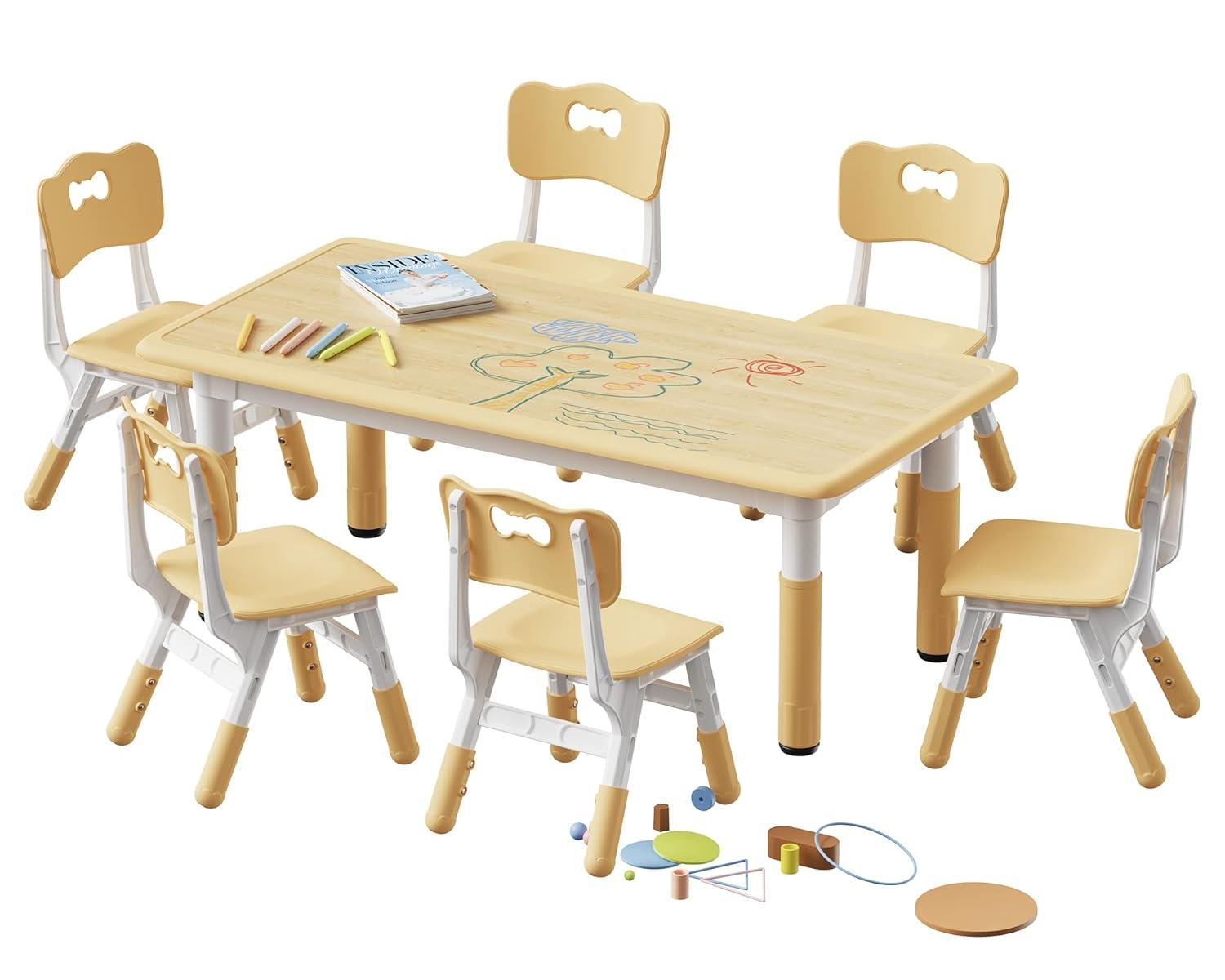 Brelley Kids Table and 6 Chairs Set, Height Adjustable Toddler Desk and Chair Set, Graffiti Desktop, Classroom/Daycare/Home, Children Multi-Activity Table for Ages 2-8