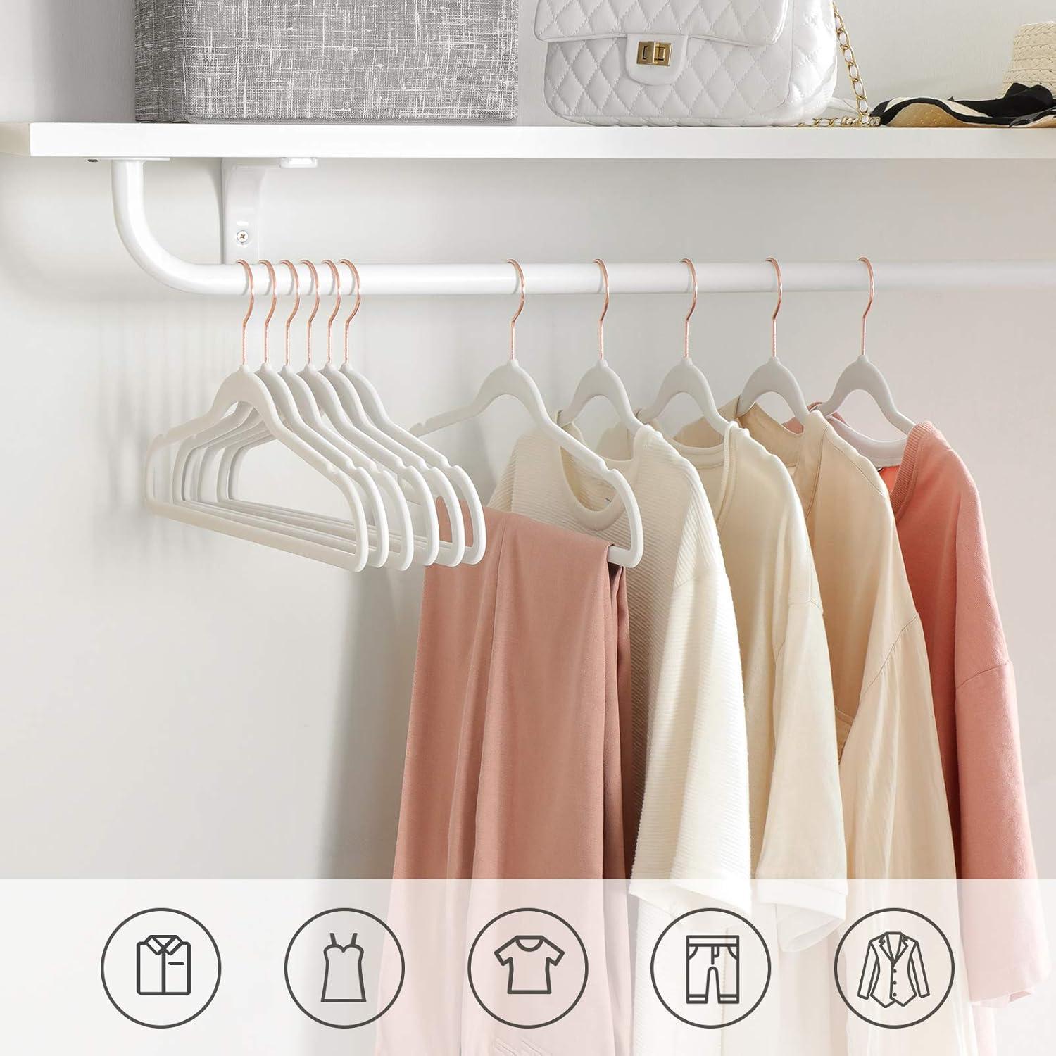 50 Pack Velvet Hangers Non-Slip Clothes Hanger with Rose Gold-Colored Swivel Hooks Space Saving White