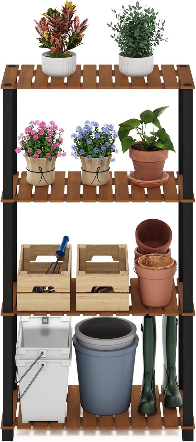 Furinno Pangkor 4-Tier Turn-N-Tube Indoor Outdoor Plant Shelf Wood Stand with Square Poles, Natural/Black