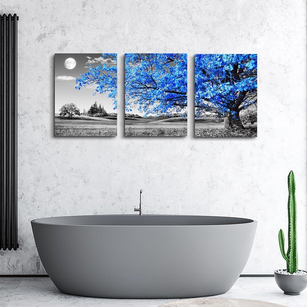 Wall Art For Living Room black and white Blue tree moon Canvas Wall Decor for Home artwork Painting 12" x 16" 3 Pieces Canvas Print For bedroom Decor Modern Salon kitchen office Hang a picture