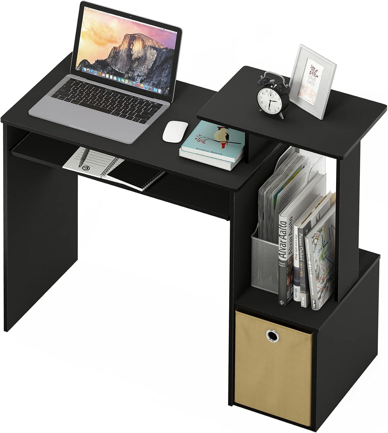 Compact Black/Brown Engineered Wood Home Office Desk with Drawers