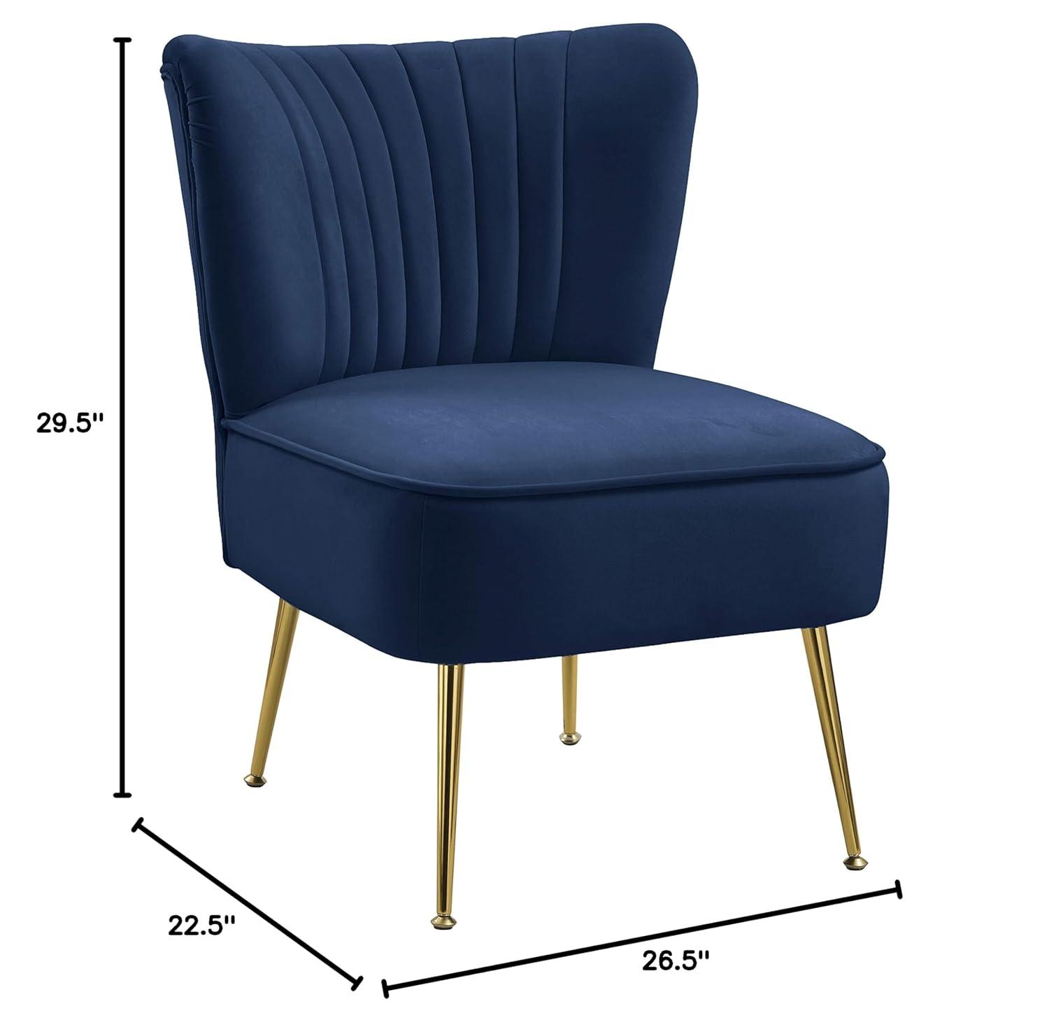 Meridian Furniture Tess Collection Modern | Contemporary Velvet Upholstered Accent Chair with Deep Channel Tufting and Custom Gold Steel Legs, 22.5" W x 26.5" D x 29.5" H, Navy