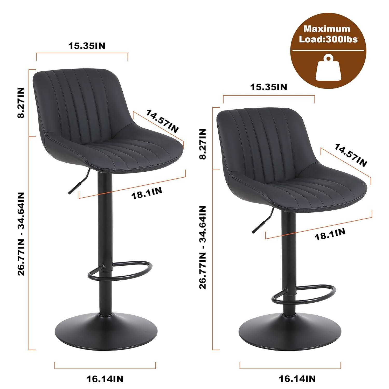 Corrigan Studio® Bar Stools Set of 3, Swivel Counter Height Barstools with Back, Adjustable PU Leather Bar Chairs, Modern Armless Kitchen Island Stool, Black
