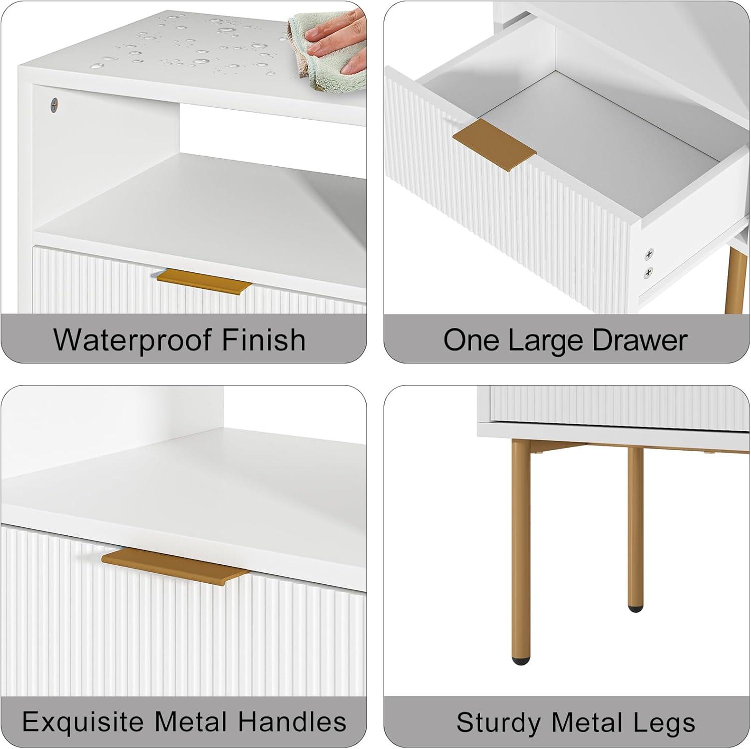 White and Gold Modern Nightstand with Drawer and Shelf