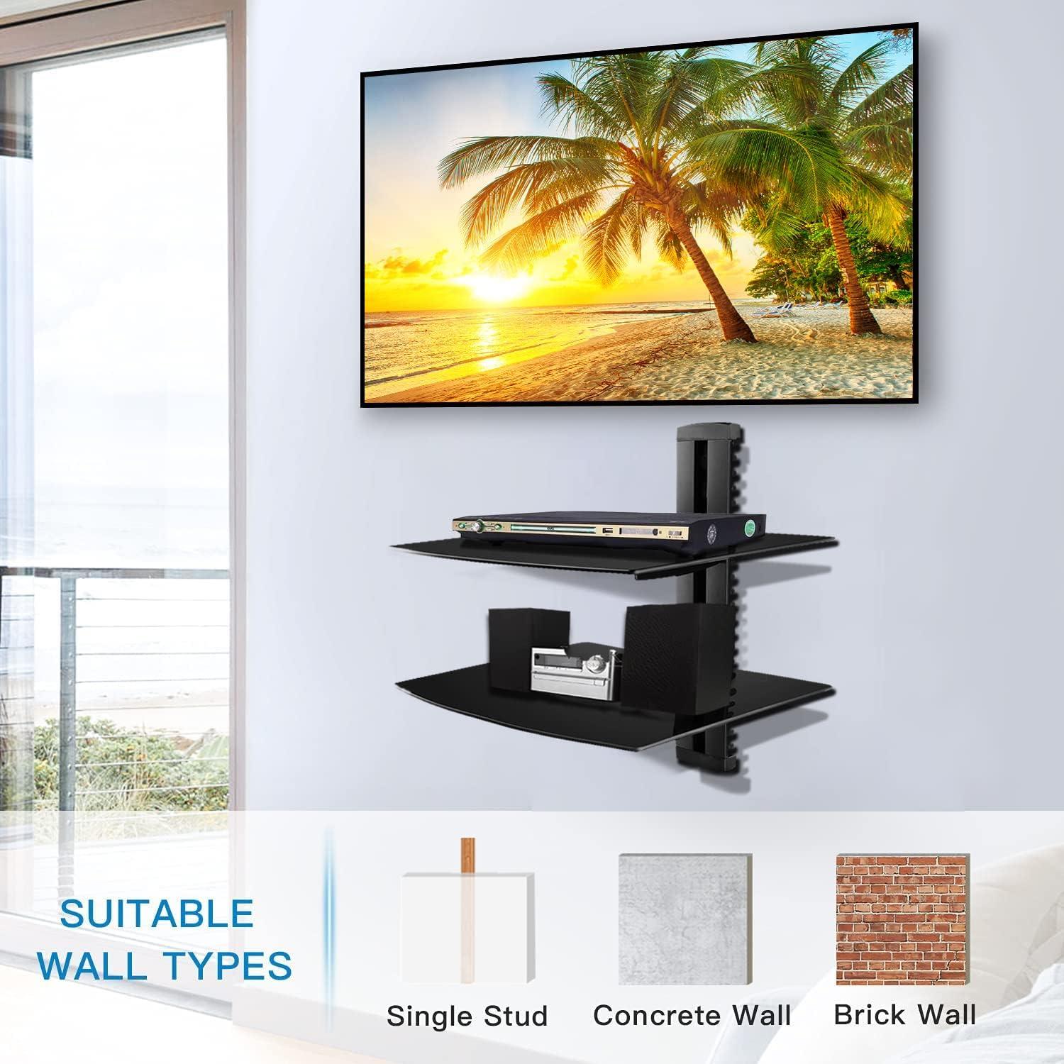 Suptek Glass Floating Shelves, TV Wall Mount with Shelf for DVD Player / PS4 / Cable Boxes/Game Consoles/Sky Box/TV Accessories, Flat Black 2-Tier Wall Mount Bracket