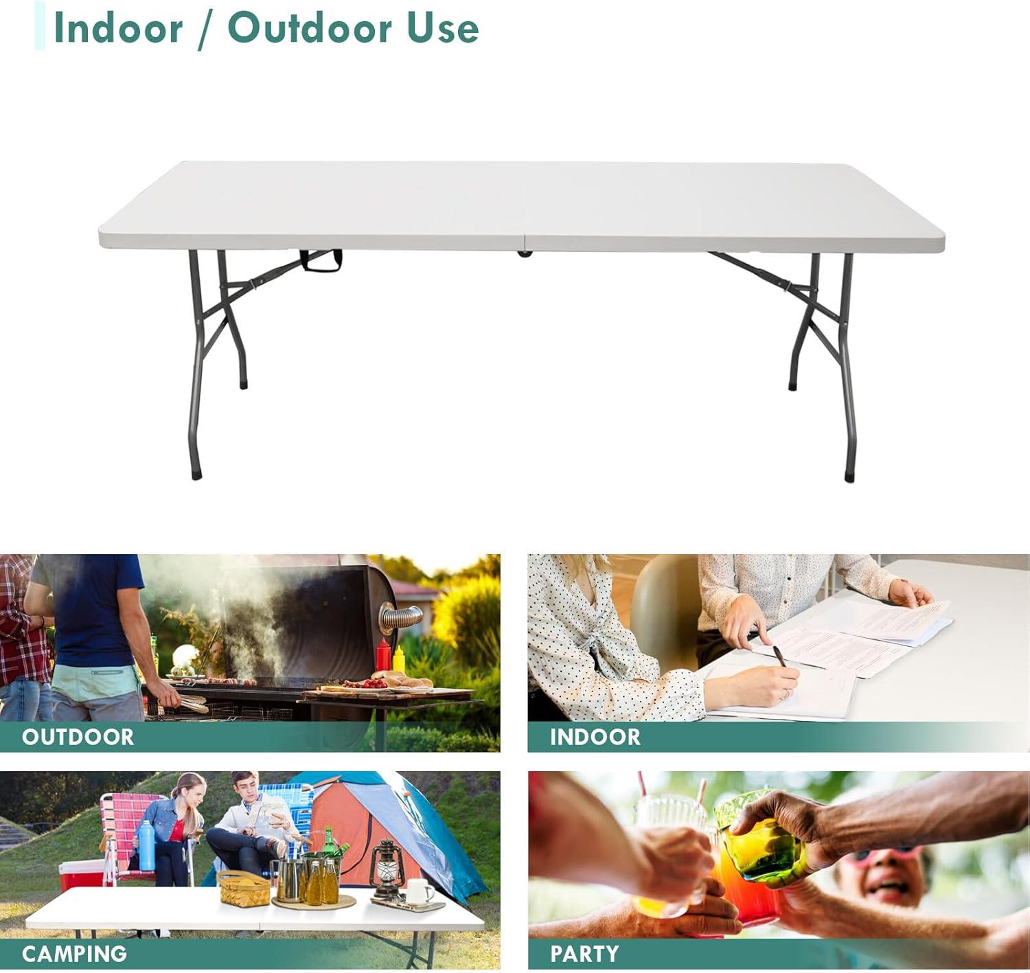 CL.HPAHKL Folding Table with Carrying Handle, Portable Plastic 6 Ft Camping Table, Sturdy Steel Frame for Indoor Outdoor, White
