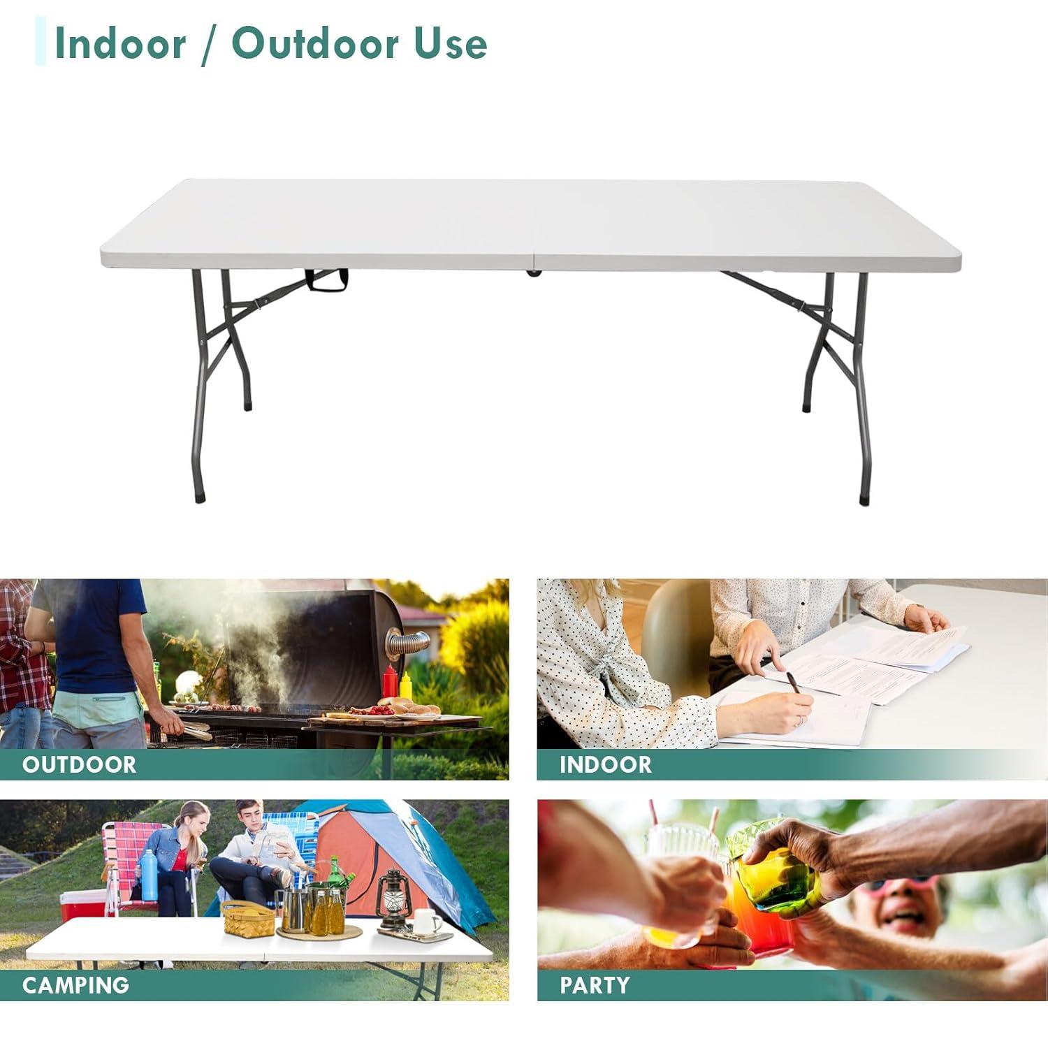 CL.HPAHKL 6 Foot Folding Table with Carrying Handle, Portable Plastic Camping Table Fold in Half, 6 ft Foldable Table with Sturdy Steel Frame for Indoor Outdoor Camping, Picnic and Party, White
