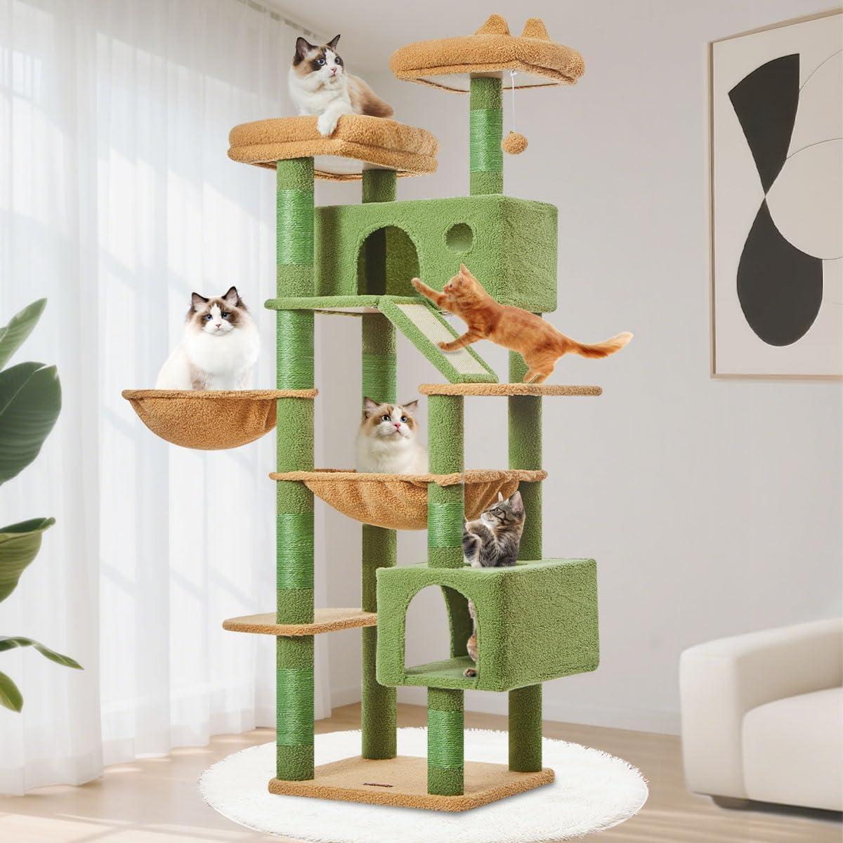 71-Inch Large Cat Tree For Large Cats Plush Multi-Level Cat Condo With 8 Scratching Posts 2 Perches Cave Hammock 2 Pompoms Scratch Board