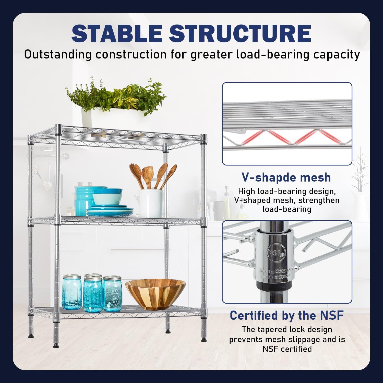 FDW Shelf Shelving Pantry Storage Cabinet Heavy Duty 3 Tier Metal Storage Shelf 450 lbs Total Capacity Adjustable Feet Easy Assembly (Chrome)