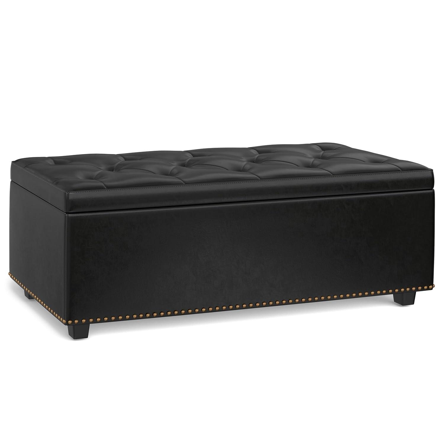 Simpli Home Hamilton 44"W Upholstered Lift-Top Storage Ottoman with Nailhead Trim and Tufted Detailing