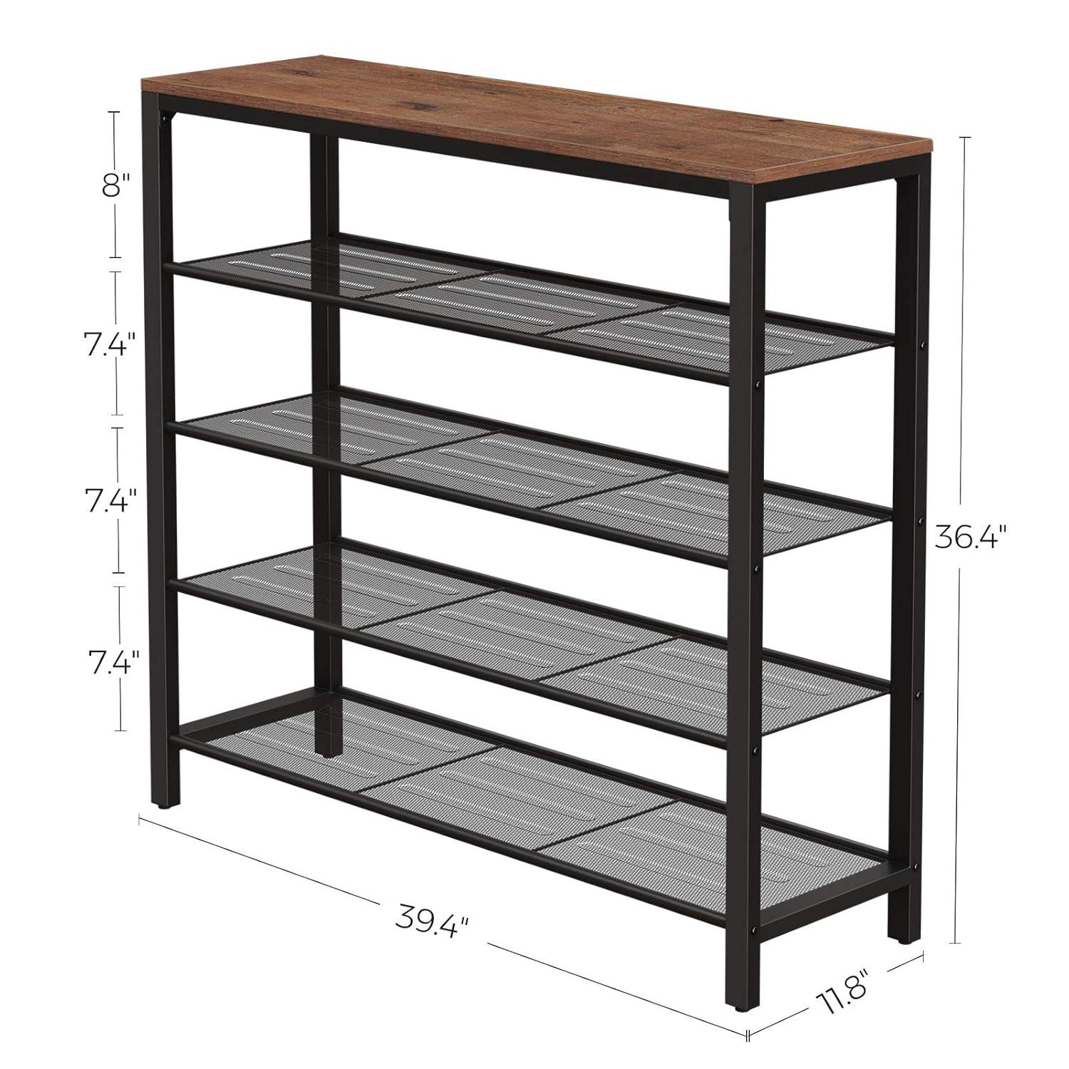 5-Tier Shoe Rack Bench Shoe Organizer for Closet 4 Mesh Shelves Entryway Hallway Shoe Shelf Steel Frame Industrial Brown and Black