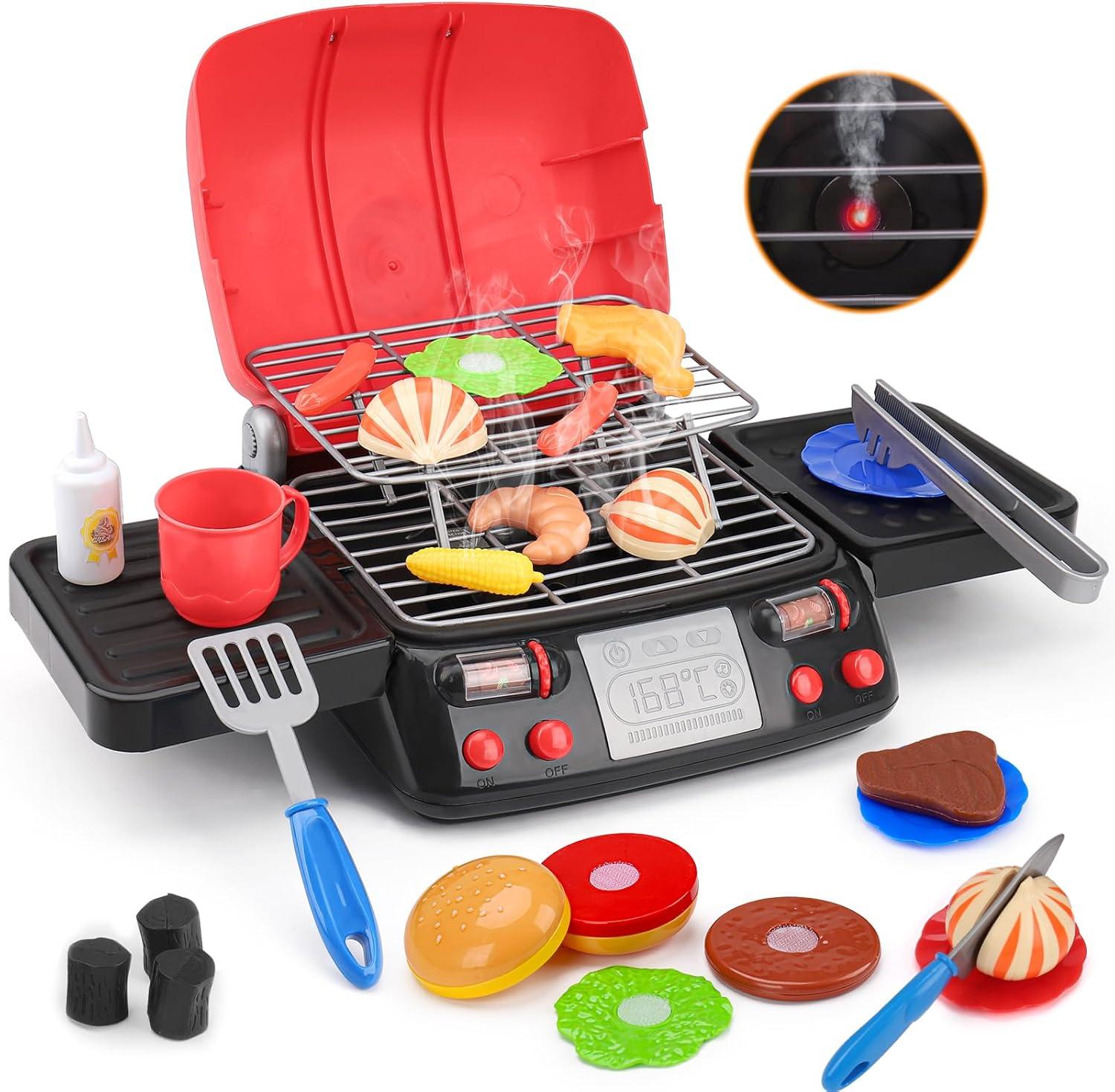 RUVINCE Kids BBQ Grill Playset - Kitchen Toy Grill Set with Smoke & Light