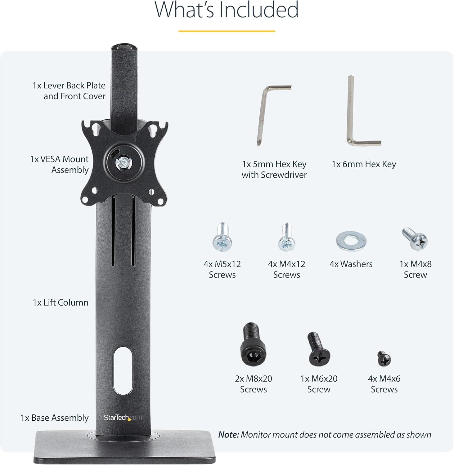 StarTech Free Standing Single Monitor Mount - Height Adjustable Monitor Stand - For VESA Mount Displays up to 32" (15lb/7kg) - Ergonomic Monitor Stand for Desk - Tilt/Swivel/Rotate