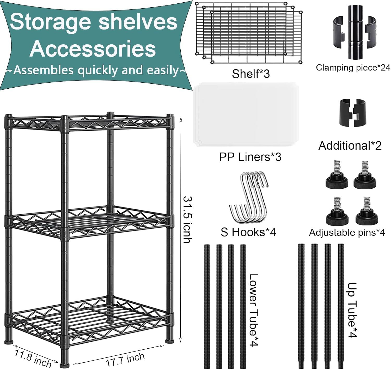 Santoy 3 Tier Storage Shelves Adjustable,Rack Metal Shelf Unit for Kitchen, Bathroom, Pantry, Closet, and Bedroom - Strong Steel Wire Organizer (Black, 17.7" L x 11.8" W x 31.5" H)