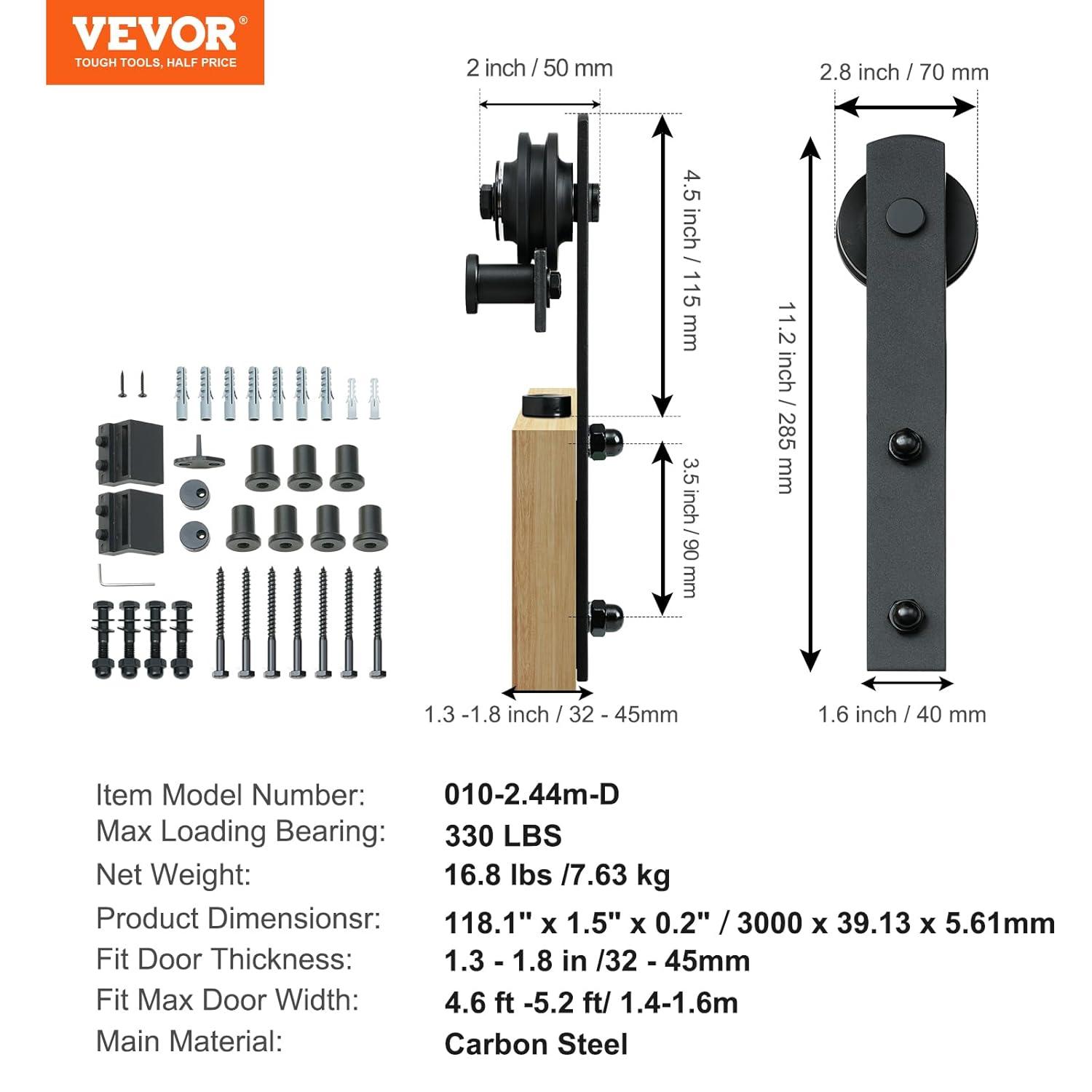 VEVOR Black Steel Single Door Barn Door Hardware Kit Standard Single
