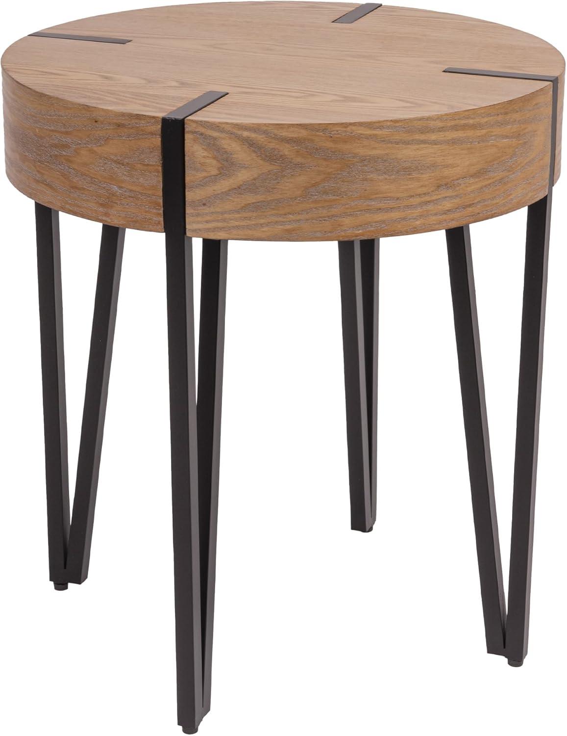 Storied Home Astoria Wood End Accent Table Natural/Black: Iron Hairpin Legs, Pacific Northwest Inspired, Round Shape
