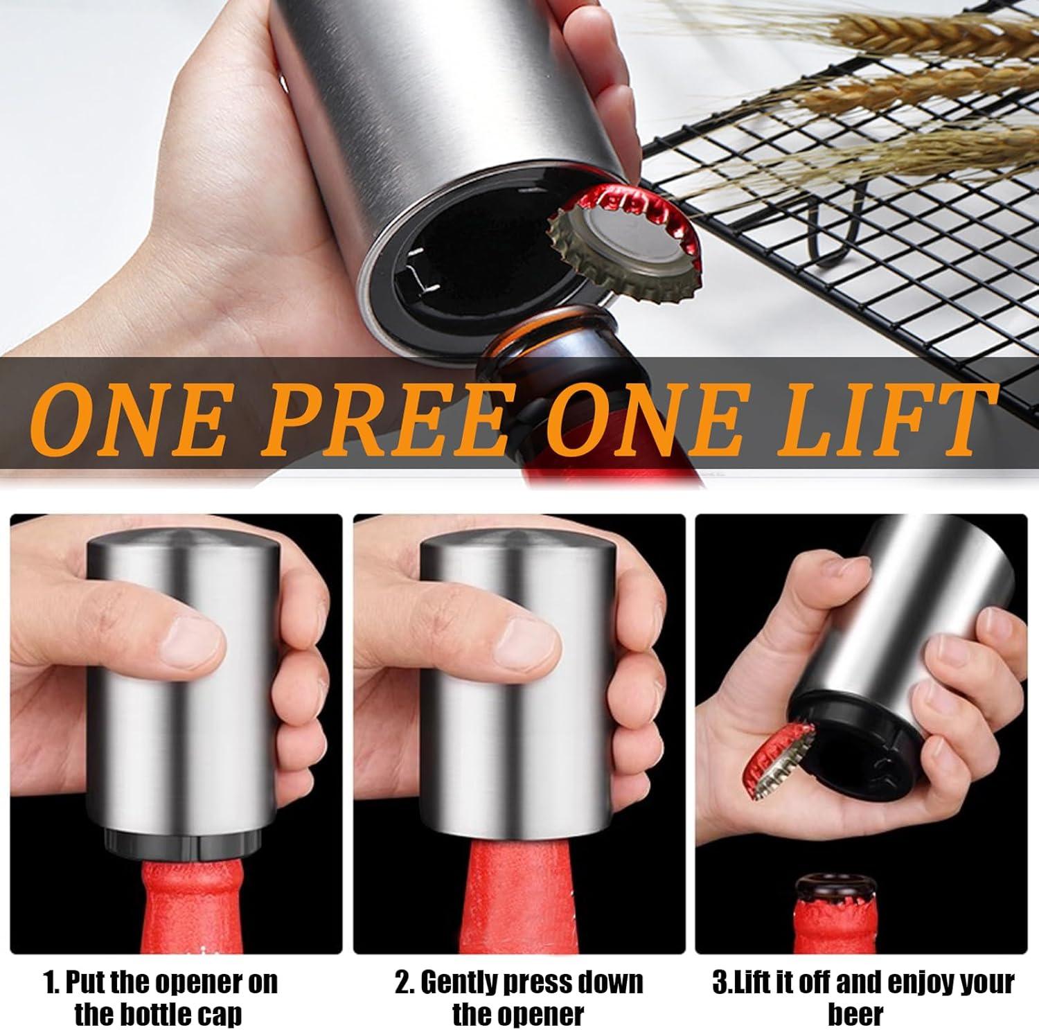 Automatic Magnetic Beer Bottle Opener, Stainless Steel Portable Pop the Top Wine Bottle Cap Catcher, Quick Open, No Damage Push Down Bartender Tools for Bar, Home, Kitchen, Party, Restaurant, Silver