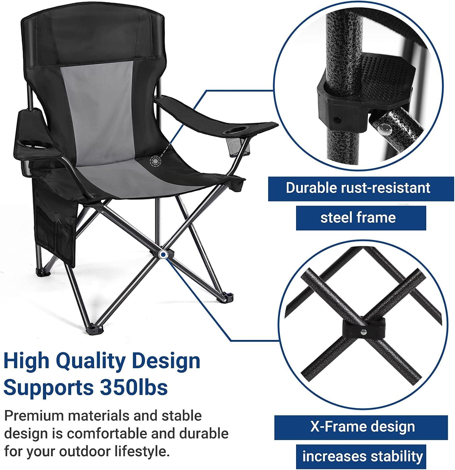 Camping Folding Chair Padded Quad Arm Chair with Large Cup Holders, Side Organizer & Back Pocket for Outdoor, Camp, Indoor, Patio, Fishing, Supports 350lbs , Black and Gray