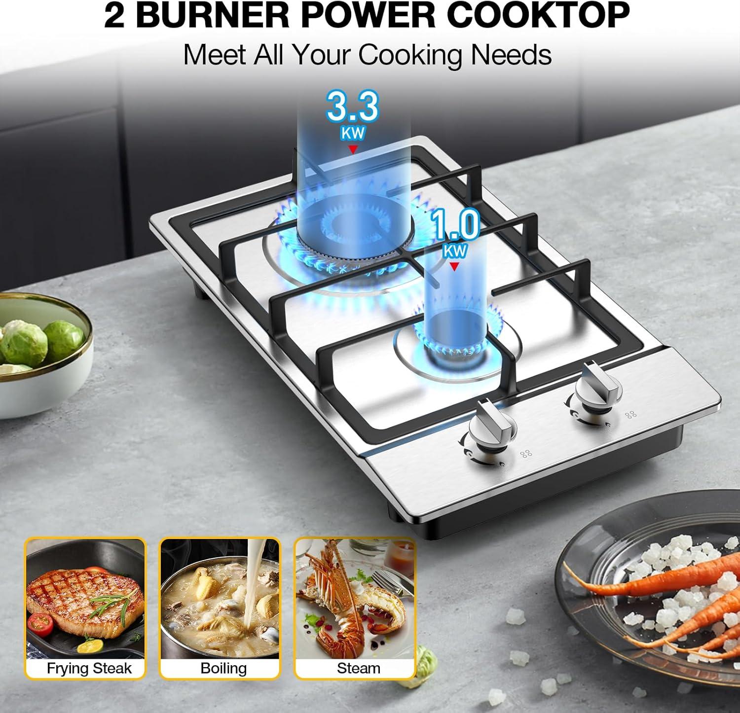 Stainless Steel 2 Burner Propane Gas Cooktop with Ceramic Surface