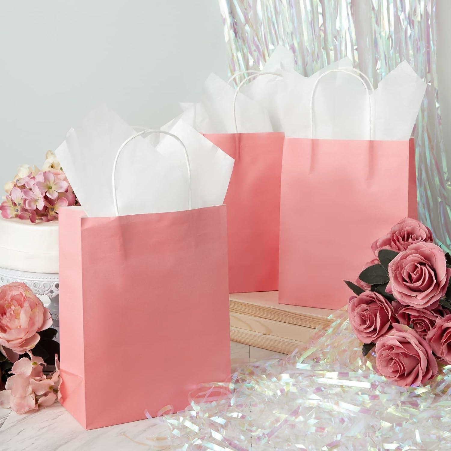 Sparkle and Bash Pink Kraft Paper Party Goodie Bags with Handles 25 Pack 8x4x10 Inches