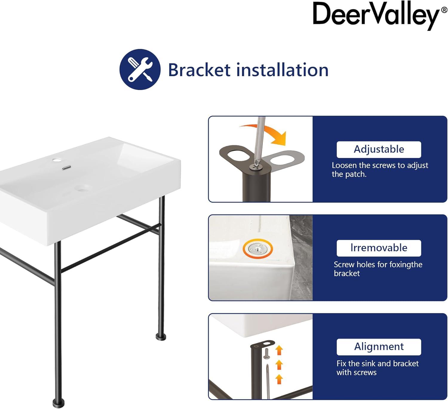 30" White Ceramic Console Sink with Black Stainless Steel Legs