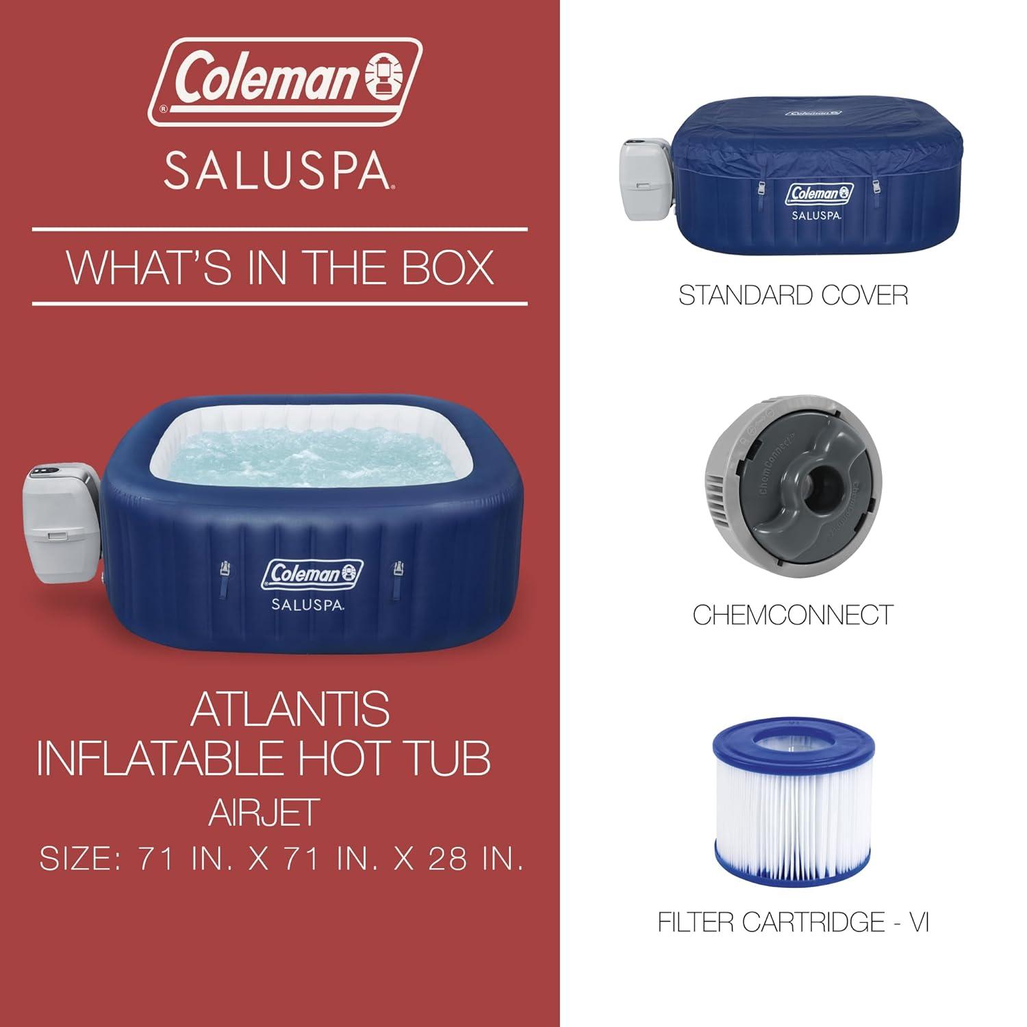 Coleman SaluSpa Atlantis AirJet 4 to 6 Person Inflatable Hot Tub Square Portable Outdoor Spa with 140 Soothing Jets with Cover, Blue