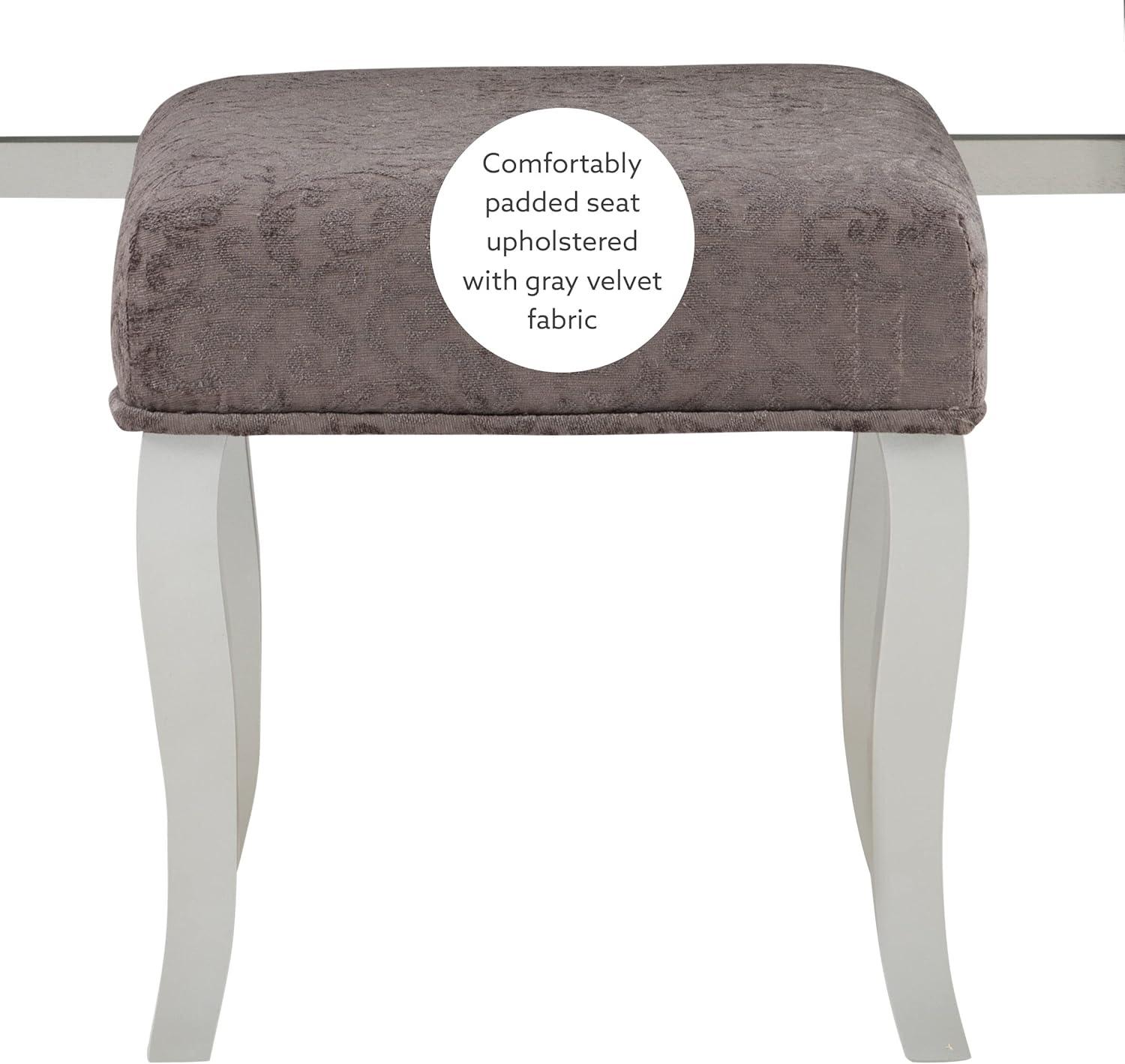 Harper Glam Flip-up Mirror Wood Vanity and Gray Upholstered Stool Mirror and Silver - Linon