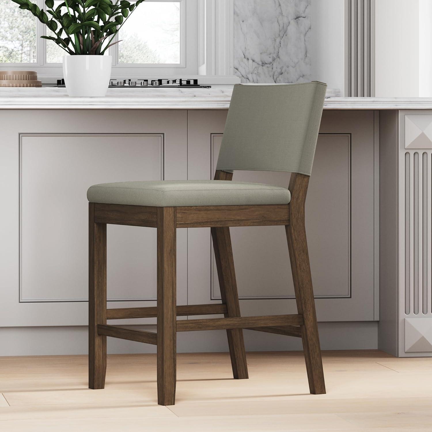 Linus Dark Brown Wood and Light Gray Linen Bar Stool