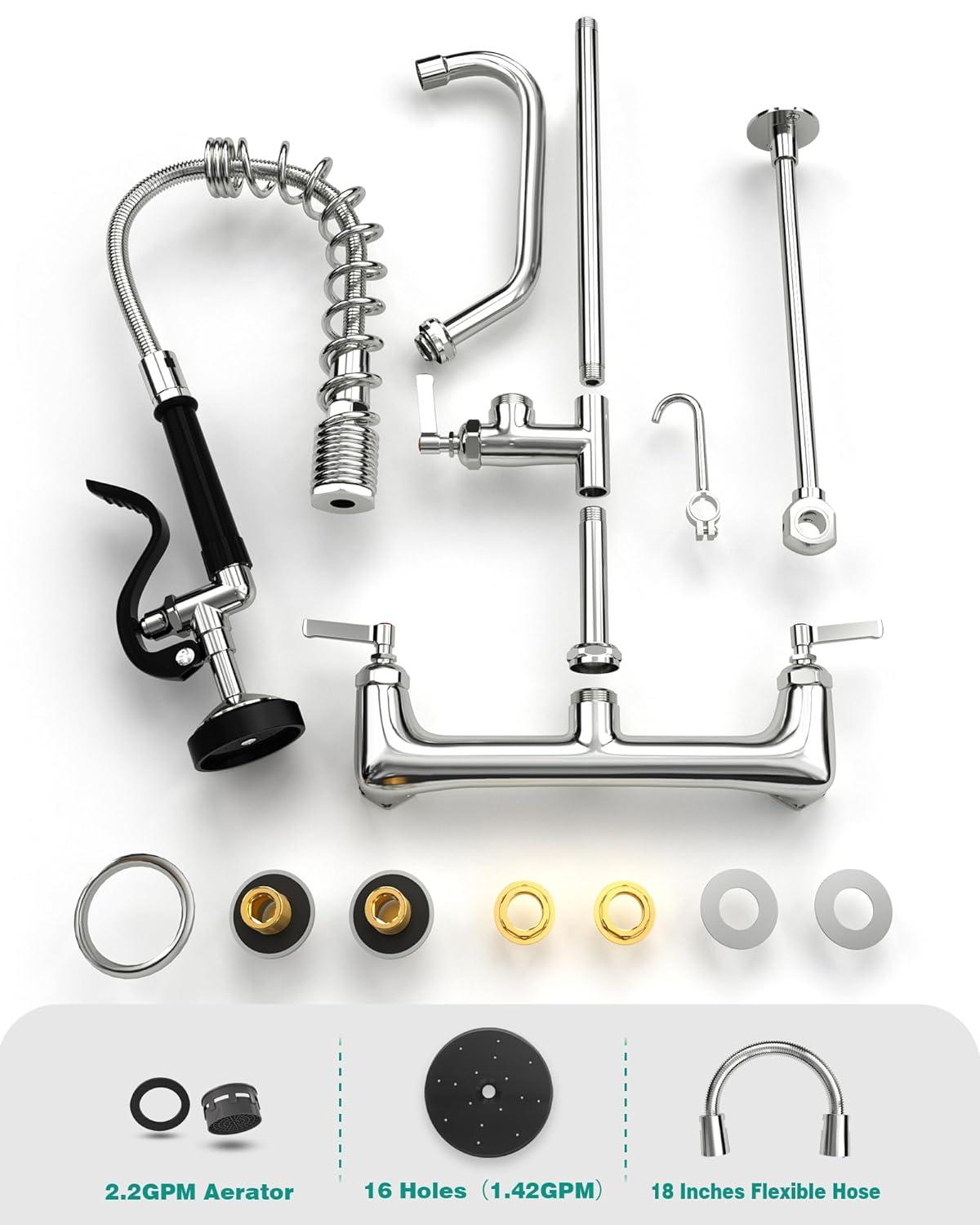 Commercial Wall Mount Kitchen Sink Faucet Brass Constructed Polished Chrome Pre-Rinse Device 25" Height 8" Center with Spring Pull Down Sprayer and 12" Add-on Spout (25 inches)