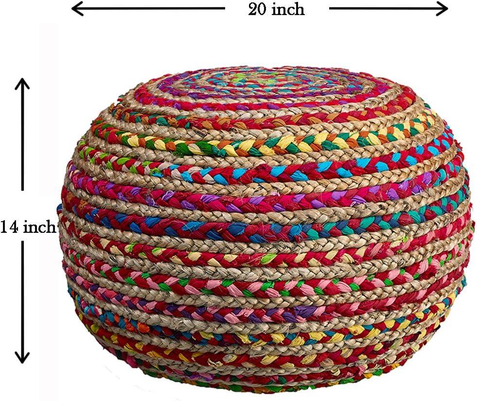 Boho Beauty Braided Jute and Cotton 20" Pouf, Multicolor