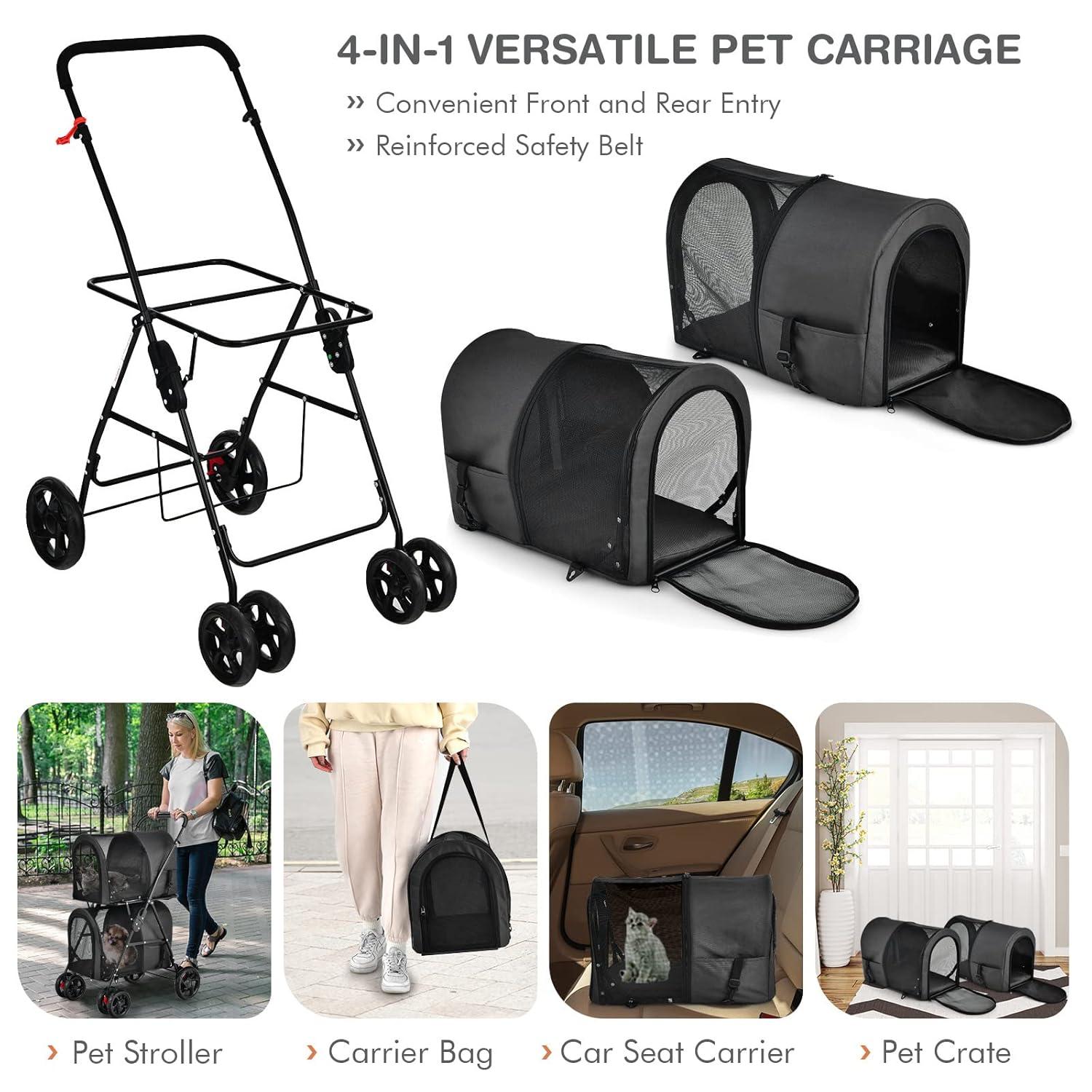 Tangkula Double Pet Stroller with 2 Detachable Carrier Bags Safety Belt 4 Lockable Wheels Cat Stroller Travel Carrier Strolling Cart Folding Black
