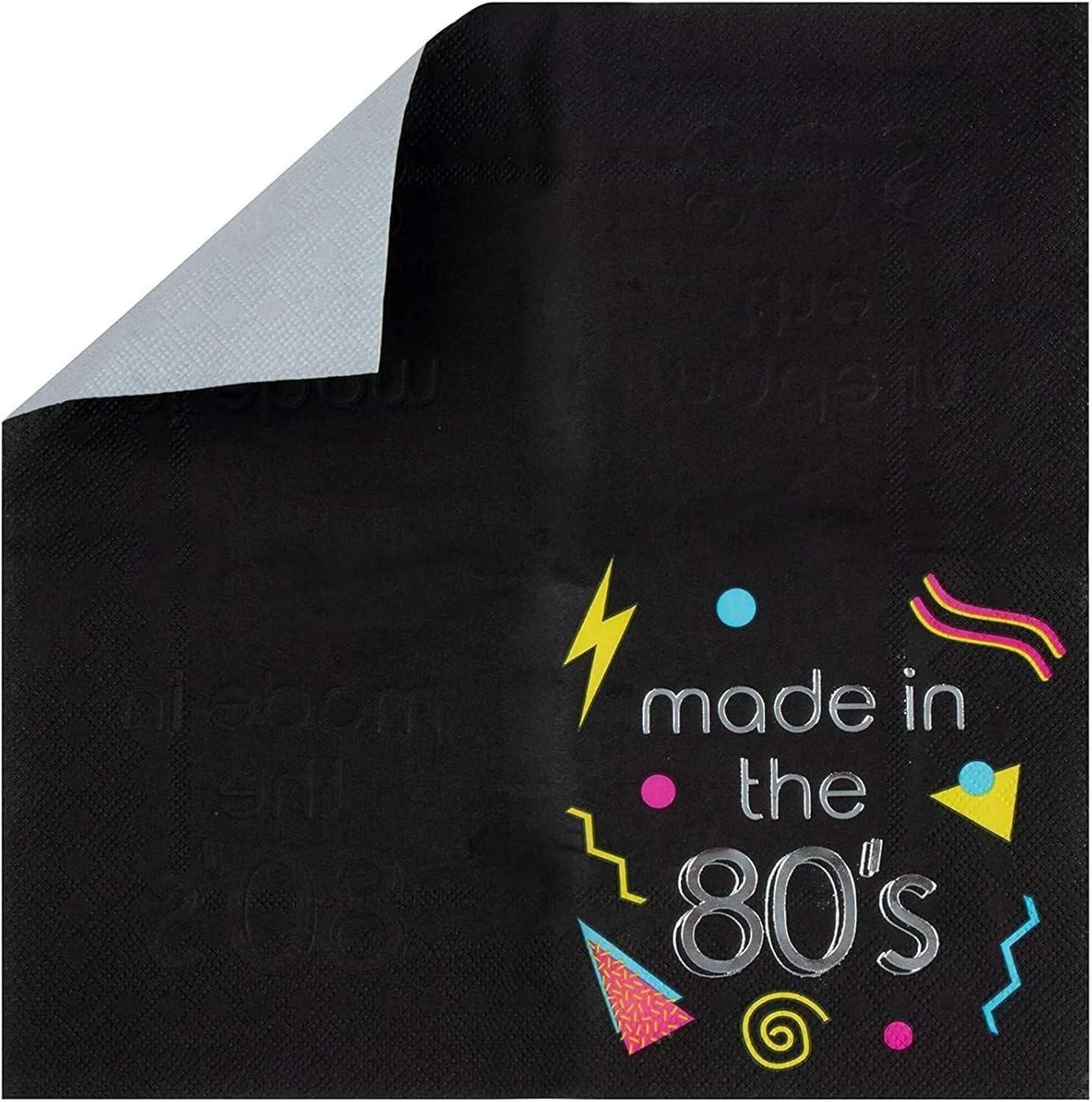 Juvale 80s Cocktail Napkins - 50-Pack Made in the 80s in Silver Foil Disposable Napkins, Black