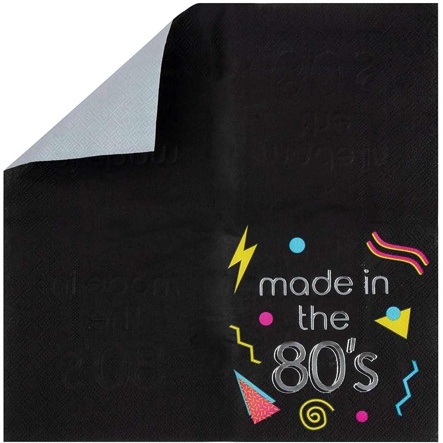 Juvale 80s Cocktail Napkins - 50-Pack Made in the 80s in Silver Foil Disposable Napkins, Black