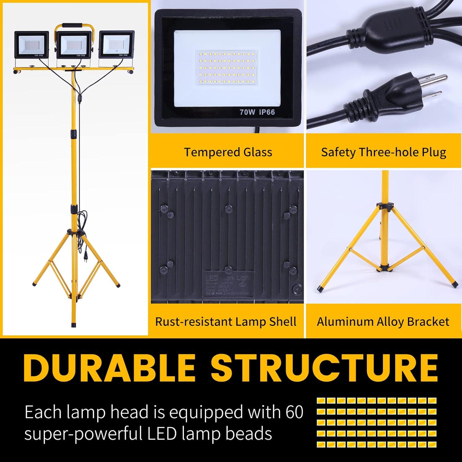 21000 Lumen Work Lights with Stand，3 Adjustable Head LED Work Light, with Adjustable and Foldable Tripod Stand, Waterproof Lamp with Individual Switch with 6500 Kelvin Color Temperature