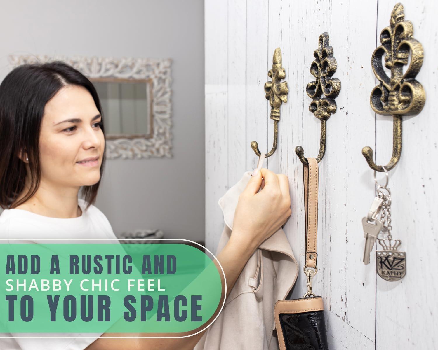 Set of 3 Gold and Black Cast Iron Decorative Wall Hooks