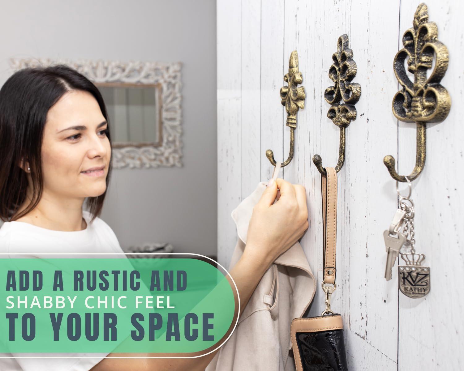 Set of 3 Gold and Black Cast Iron Decorative Wall Hooks