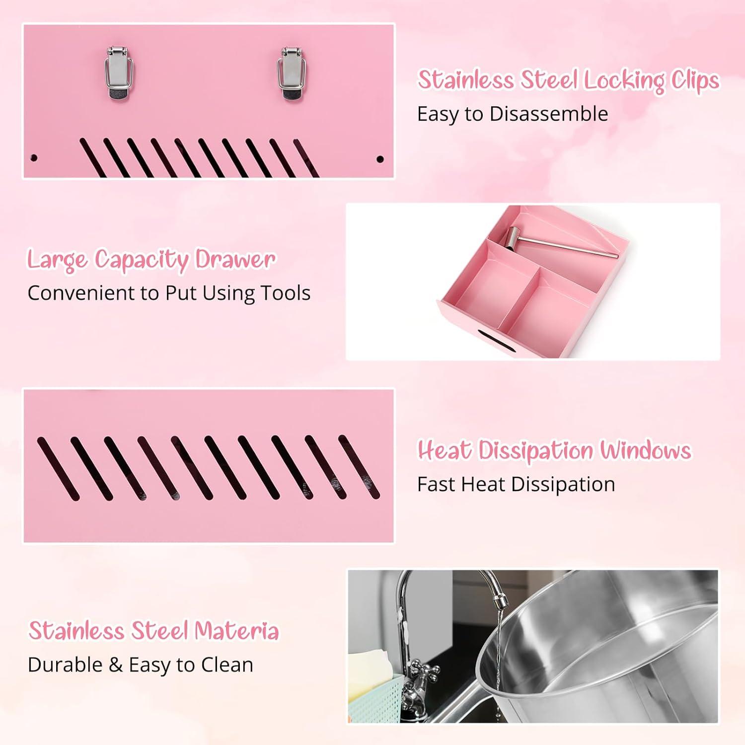 Pink Stainless Steel Commercial Cotton Candy Machine with Storage Drawer