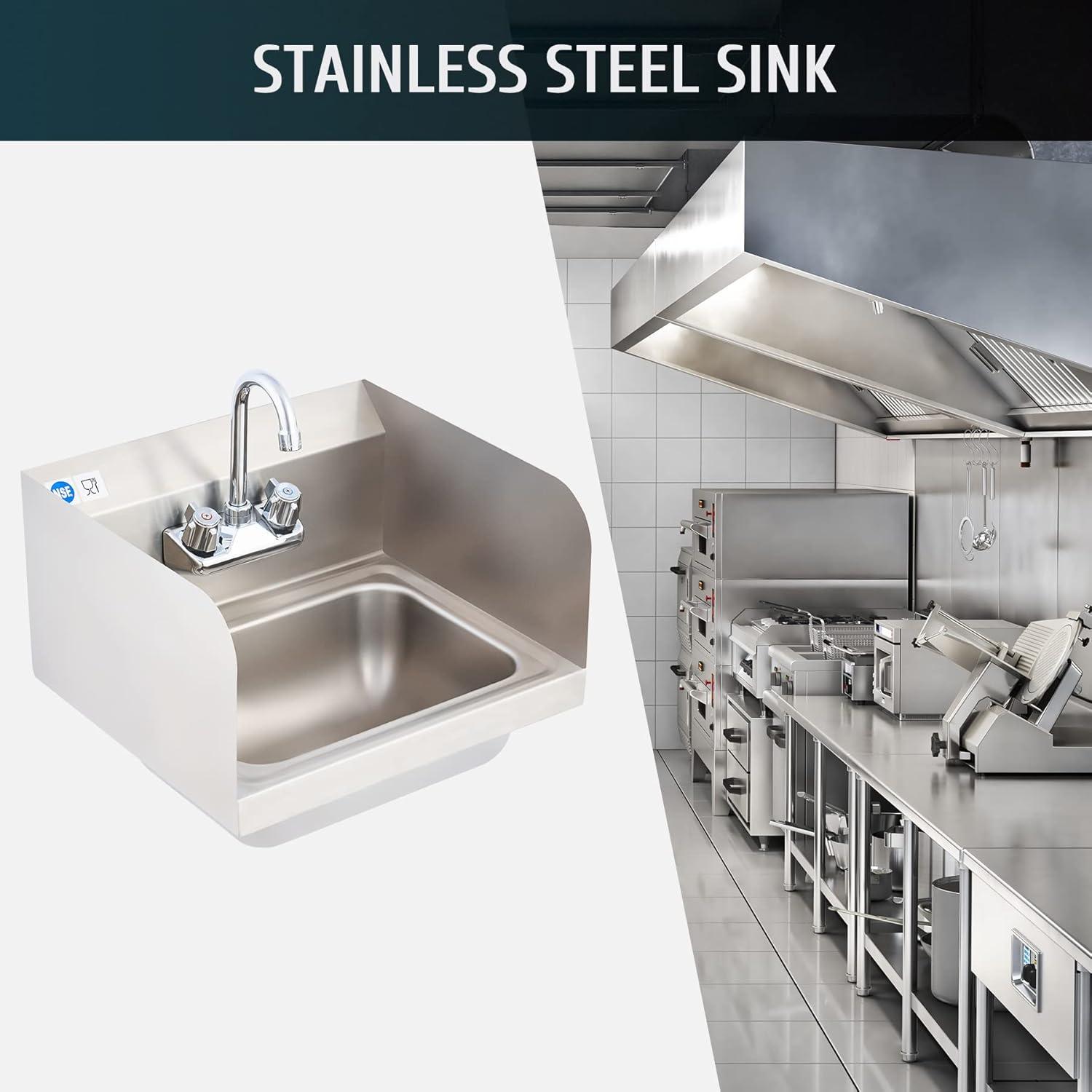 Tangkula Stainless Steel Sink NSF Wall Mount Hand Washing Sink with Faucet & Side Splash