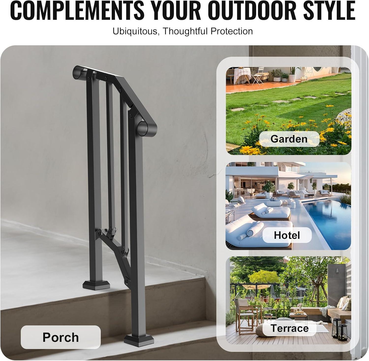 VEVOR Handrails for Outdoor Steps, 2 PCS 2-3 Step Stair Hand Rail Kit, Transitional Carbon Steel Railings with Installation Kit, Stair Rails for Seniors, Concrete & Porch & Deck, Black Square Tube