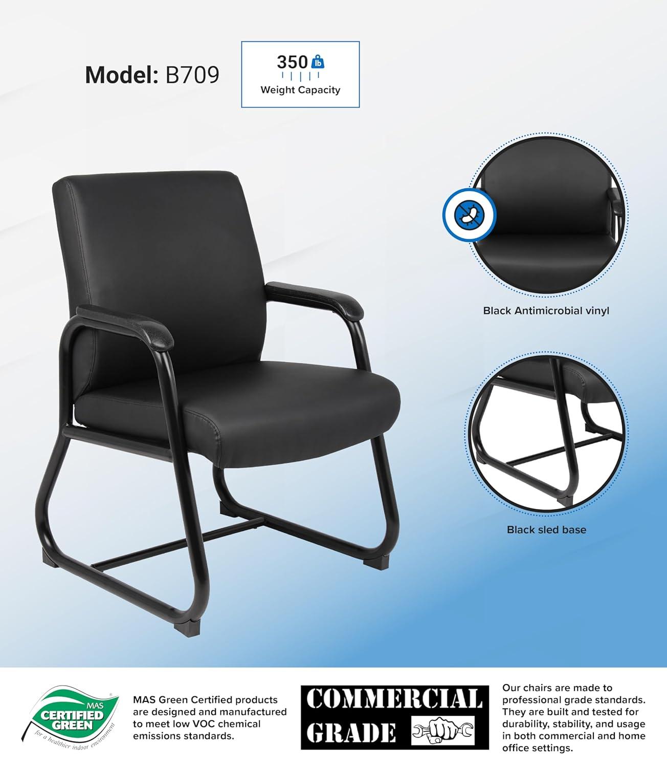 Boss Office Products Guest Chair Heavy Duty Black: Metal Frame, Fixed Arms, Padded, Sled Base, 350 lb Capacity
