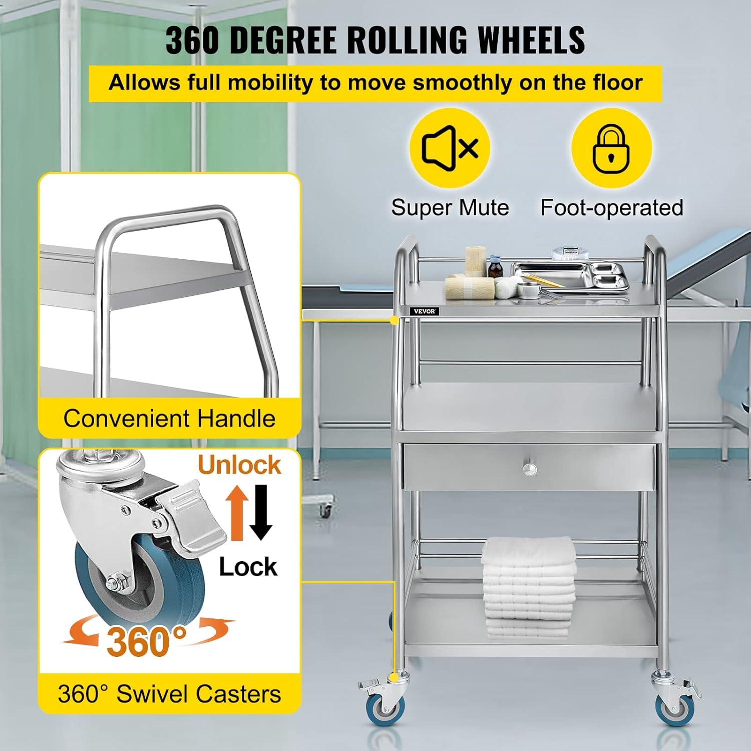 Stainless Steel 3-Shelf Rolling Lab Cart with Drawer