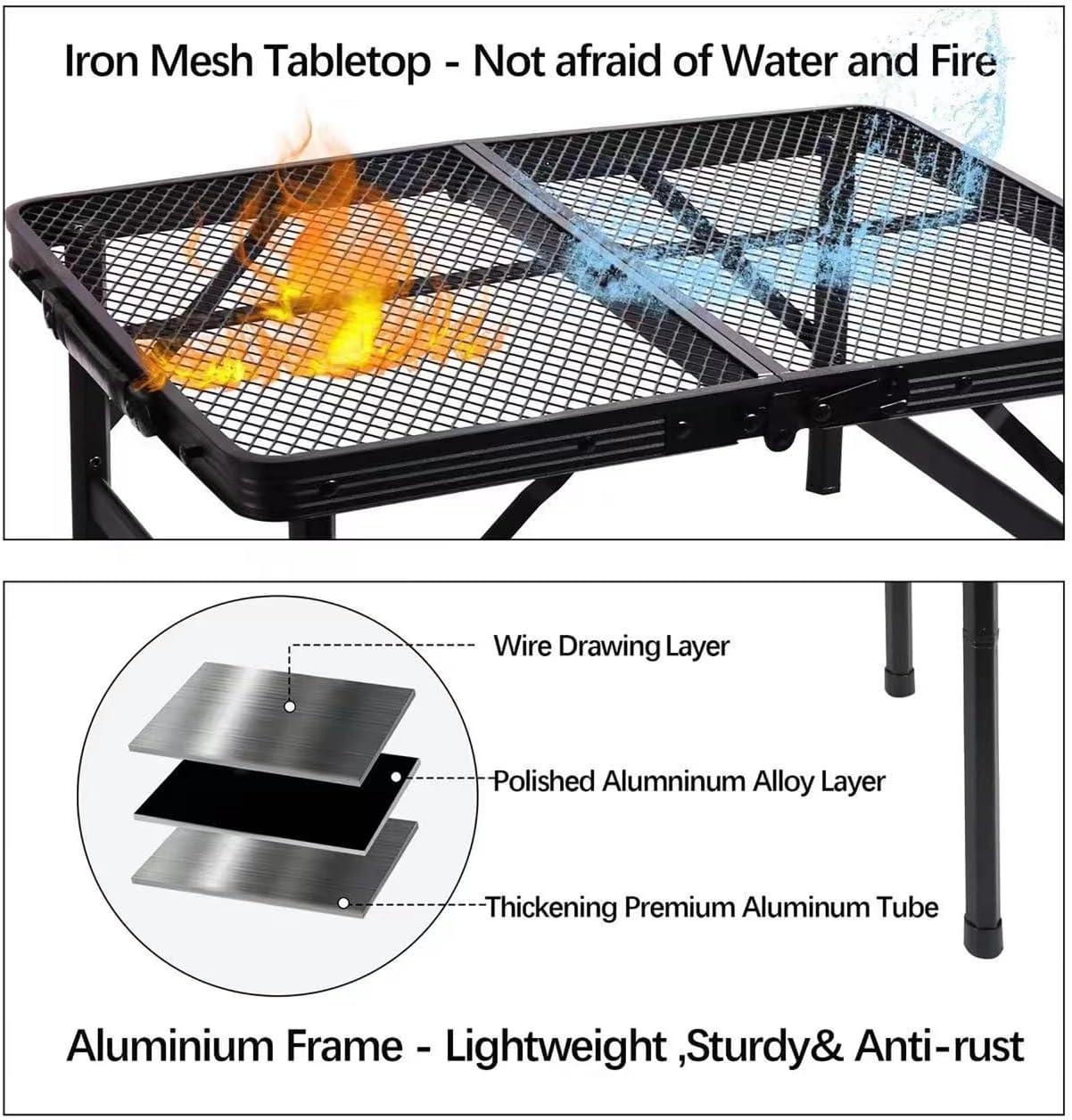 Black Aluminum Folding Camping Grill Table with Adjustable Height