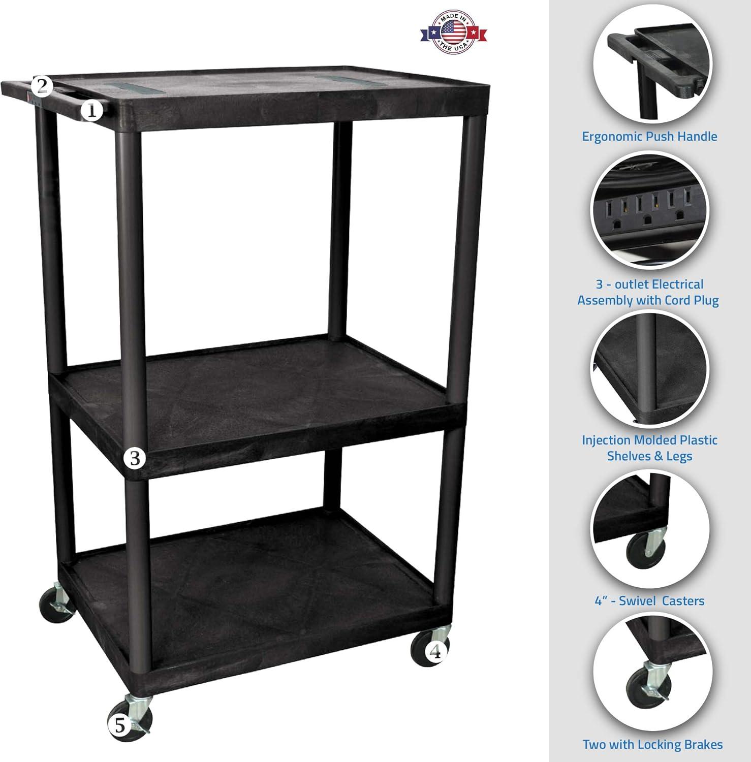 Black 3-Shelf Plastic AV Cart with Wheels
